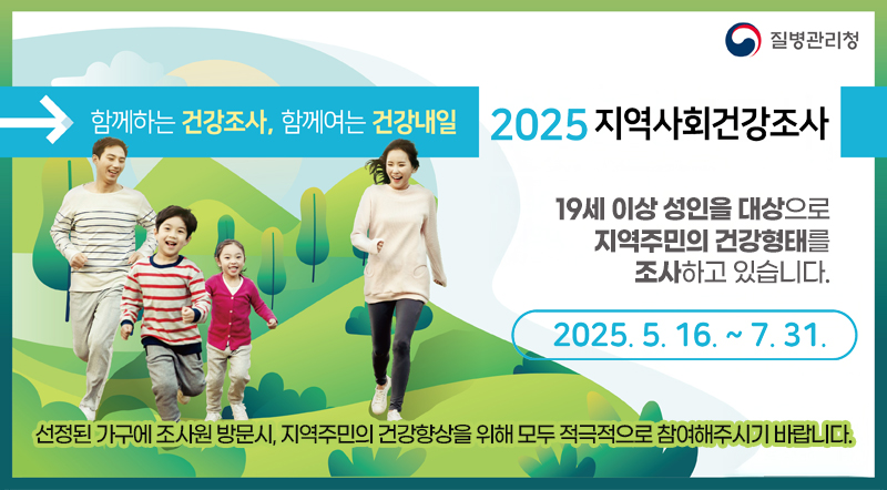 2025지역사회건강조사  19세 이상 성인을 대상으로 지역주민의 건강형태를 조사하고 있습니다.  2025. 5. 16. ~ 7. 31. 선정된 가구에 조사원 방문시, 지역주민의 건강향상을 위해 모두 적극적으로 참여해주시기 바랍니다.