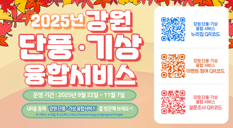 2025년 강원 단풍·기상 융합 서비스  운영기간:2025년 9월 22일 ~ 11월 7일 QR을 통해 '강원 단풍 · 기상 융합서비스'를 방문해 보세요~! *서비스 누리집 주소(URL) : http://www.kma.go.kr/gangwon/maple 강원 단풍·기상 융합 서비스 누리집 QR코드 강원 단풍·기상 융합 서비스 이벤트 참여 QR코드 강원 단풍·