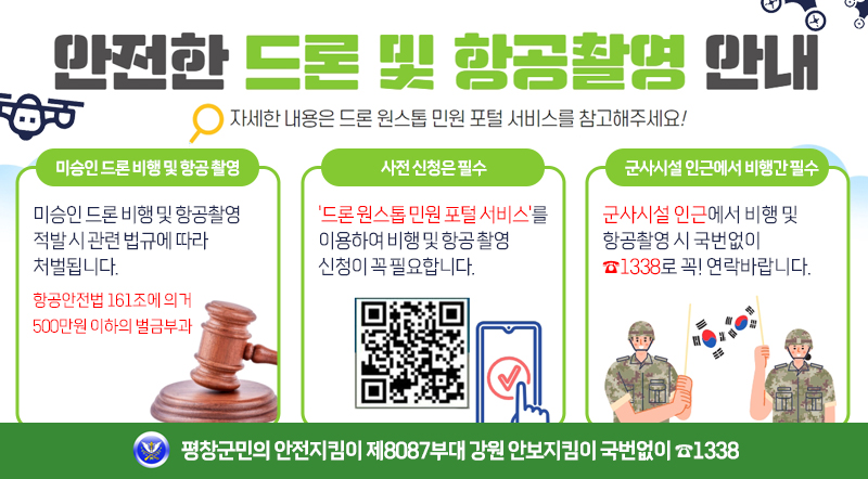 미승인 드론 비행 및 항공 촬영 미승인 드론 비행 및 항공촬영 적발 시 관련 법규에 따라 처벌됩니다. 항공안전법 161조에 의거 500만원 이하의 벌금부과  사전 신청은 필수 '드론 원스톱 민원 포털 서비스'를 이용하여 비행 및 항공 촬영 신청이 꼭 필요합니다.  군사시설 인근에서 비행간 필수 군사시설 인근에서 비행 및 항공촬영 시 국번없이 ☎1338로 꼭